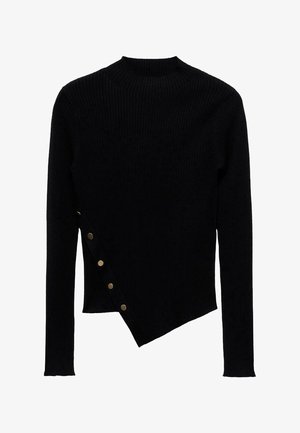 Black ribbed sweater with a high neck, asymmetrical hem, and gold button accents on the side. Made from a soft, textured fabric.