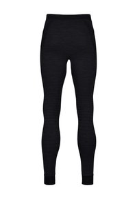 Black fitted leggings made of a textured material. Features a smooth waistband and tapered legs without pockets or embellishments.