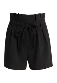 Černé šortky s vysokým pasem, s sklady a uvázaným páskem. Vyrobené z hladké tkaniny, s přizpůsobeným střihem a bez viditelných zapínání.