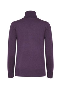 Pull à col roulé manches longues de couleur violet foncé avec col, manches et ourlet côtelés, présenté de dos sur un fond blanc.