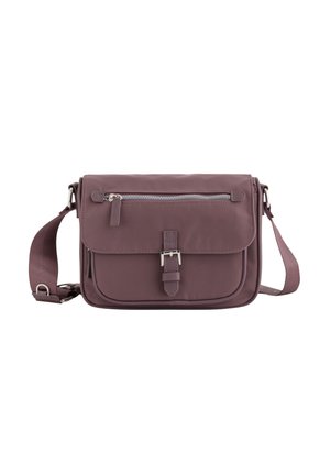 Lila Nylon-Crossbody-Tasche mit Klappenverschluss, vorderem Reißverschlussfach, verstellbarem Tragegurt und Metallbeschlägen. Glatte Textur.