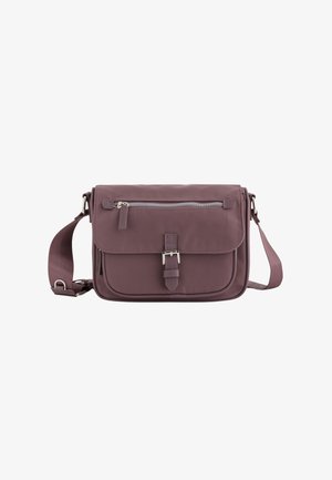 Geantă crossbody din nylon violet, cu închidere tip clape, buzunar frontal cu fermoar, curea ajustabilă și accente din metal. Textură netedă.