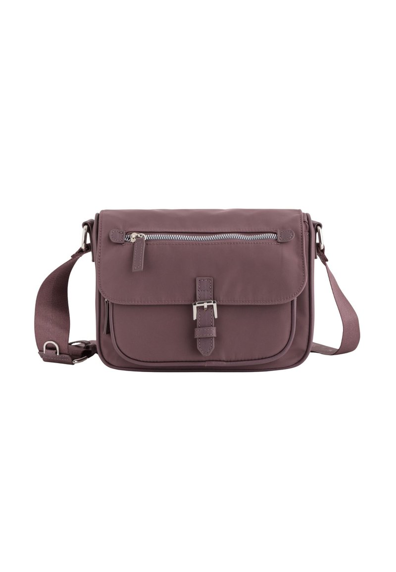 Lilla nylon crossbody taske med flaplukning, frontlynlås lomme, justerbar rem og metal hardware detaljer. Glat tekstur.
