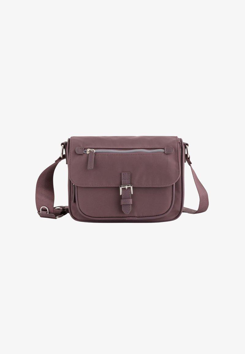 Lila Nylon-Crossbody-Tasche mit Klappenverschluss, vorderem Reißverschlussfach, verstellbarem Tragegurt und Metallbeschlägen. Glatte Textur.