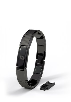 Black metal link bracelet with textured sections and a small separate black link piece on a white background.