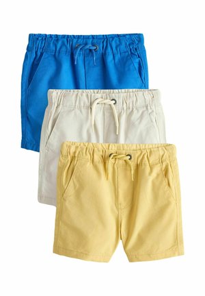Kolm paari laste tõmblukuga lühikesi pükse sinises, beežis ja kollases värvitoonis, paigutatud vertikaalselt üksteise peale valgel taustal.