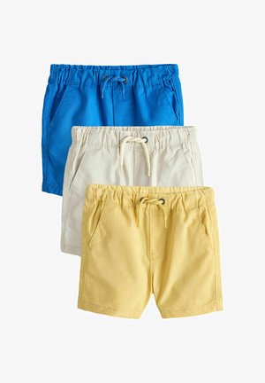 Drei Kinderkordelshorts in Blau, Beige und Gelb, vertikal auf einem weißen Hintergrund gestapelt.