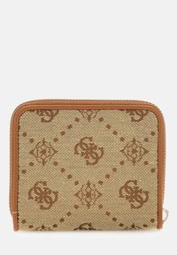 Tan wallet featuring a textured fabric with a repeating brown pattern, zip closure, and brown leather accents. Compact square shape.