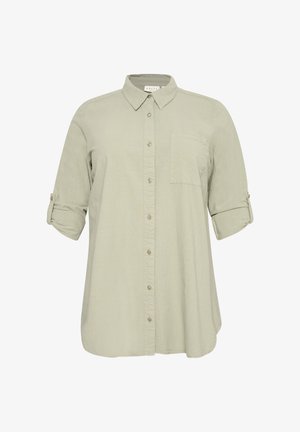 Lys beige skjorte med knapper, oppbrettede ermer og brystlomme, krage og en avslappet passform.