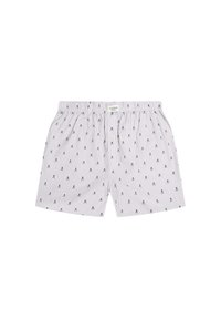Boxers rayés en cotton, avec un petit motif de crâne en navy sur un fond clair, taille élastique et une seule fermeture à bouton.