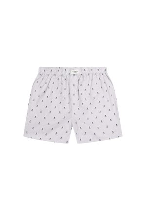 Striped boxers made of cotton, featuring a small skull pattern in navy on a light background, elastic waistband, and a single button closure.