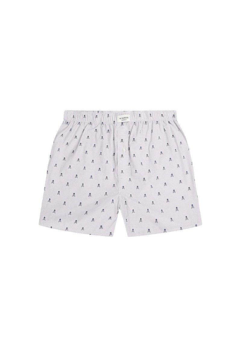 Boxers rayés en cotton, avec un petit motif de crâne en navy sur un fond clair, taille élastique et une seule fermeture à bouton.