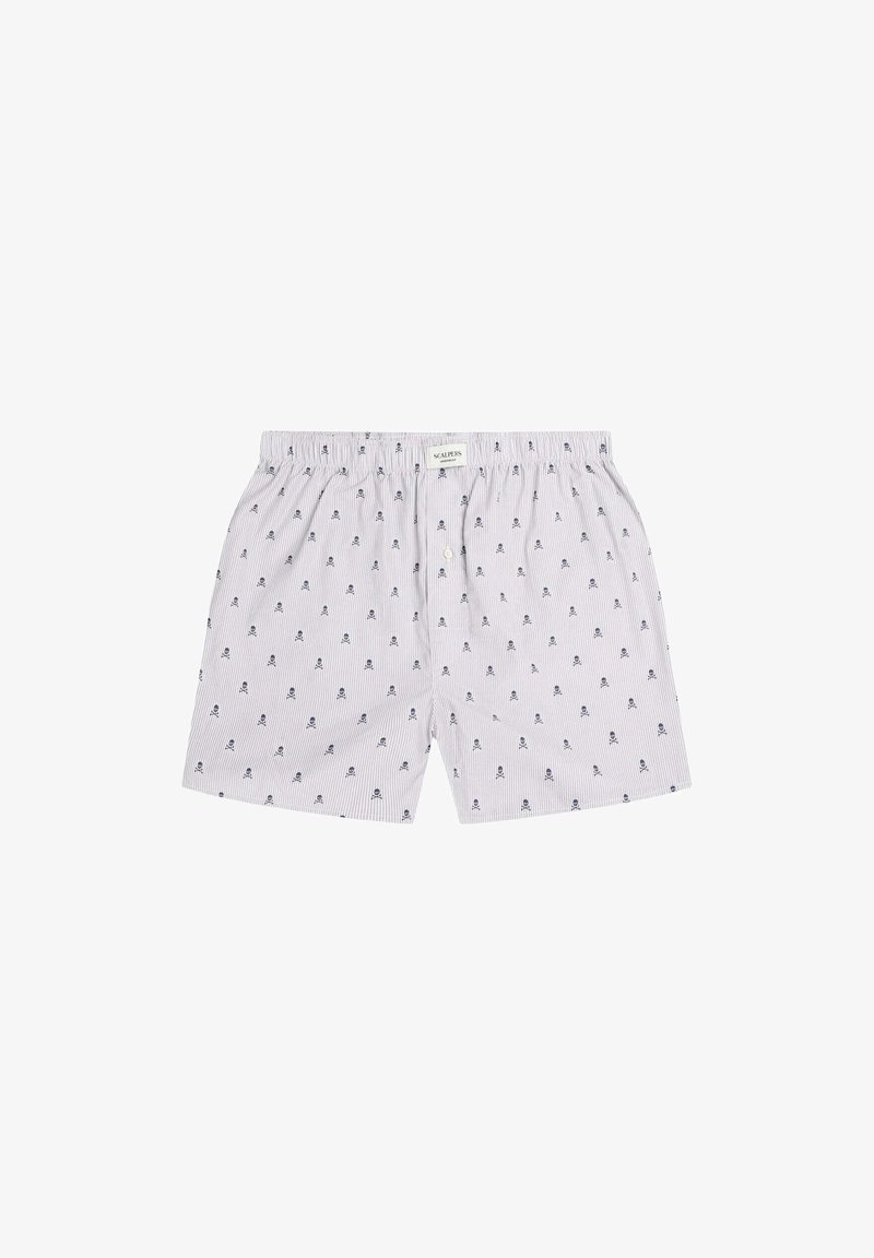 Boxers rayés en cotton, avec un petit motif de crâne en navy sur un fond clair, taille élastique et une seule fermeture à bouton.