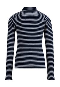 Polo majica s dolgimi rokavi z morsko modrim in belim črtastim vzorcem, rebrasto teksturo in klasično ovratnico.