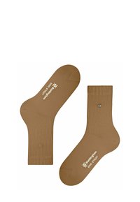 Calze marroni a coste con una finitura liscia, caratterizzate da un accento argentato e testo bianco del logo, che mostrano una forma e un design classico delle calze.