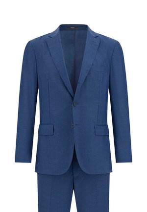 Blue suit made from textured fabric, featuring a notched lapel, two buttons, and side pockets. Tailored fit with structured shoulders.