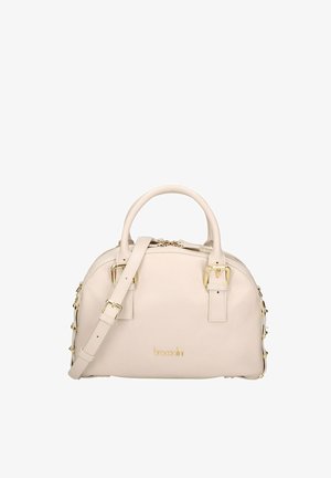 Borsa beige con forma strutturata, dotata di hardware dorato, manici doppi e una tracolla rimovibile. Gli accenti laterali impreziosiscono il design.