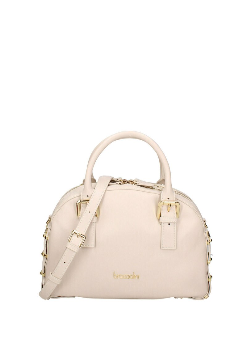 Borsa beige con forma strutturata, dotata di hardware dorato, manici doppi e una tracolla rimovibile. Gli accenti laterali impreziosiscono il design.