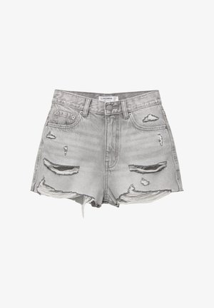 Szürke farmer rövidnadrág, kopott részletekkel, rojtos szegéllyel, öt zsebes kialakítással és fém gombos záródással. Alkalmas hétköznapi viseletre.