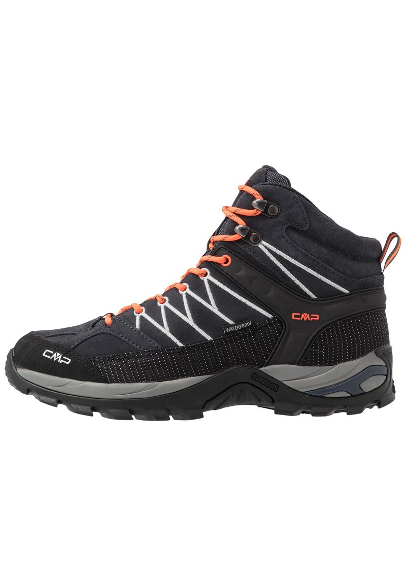Schwarze wasserdichte Wanderstiefel mit orangefarbenen Schnürsenkeln, Netzpaneelen und einer strukturierten Gummisohle. Verfügt über ein hexagonales Muster und verstärkten Knöchelstütze.