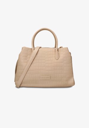 Borsa beige con motivo testurizzato, doppi manici e tracolla staccabile, brandizzata con una piccola etichetta rettangolare sul davanti.