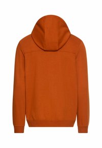 Orange sweatshirt med en afslappet pasform, der har en stor hætte, lange ærmer og ribbede manchetter og kant. Glat tekstur uden synlige logoer.