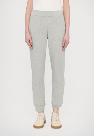 Light gray sweatpants with a soft texture, elastic waistband, fitted cuffs, and side pockets, made from comfortable cotton blend fabric.