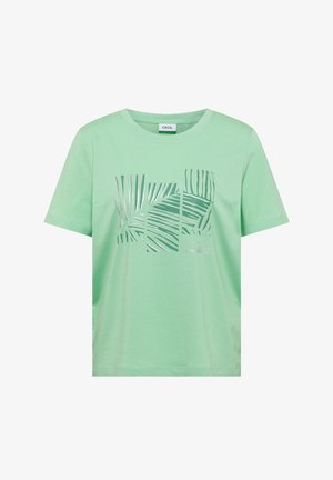 T-shirt vert clair à manches courtes avec un motif feuille de palmier argenté divisé en sections rectangulaires sur le devant et un col rond.