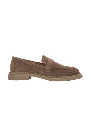 Brown suede slip-on loafer with low heel, rounded toe, and decorative strap across the top.
