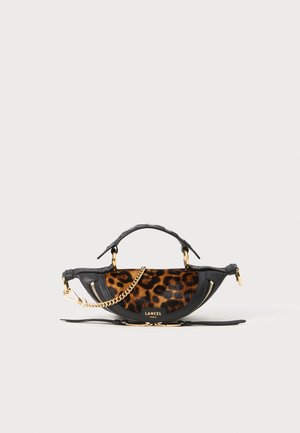 Leather handbag with a curved design featuring leopard print fabric, black accents, a gold chain strap, and a zippered pocket.