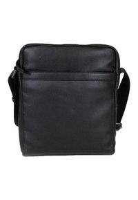 Borsa a tracolla nera con un'esterno in ecopelle liscia, forma rettangolare, tracolla regolabile e tasca con zip anteriore.