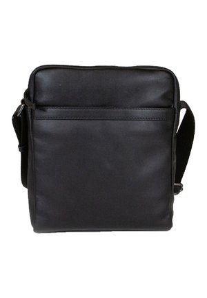 Borsa a tracolla nera con un'esterno in ecopelle liscia, forma rettangolare, tracolla regolabile e tasca con zip anteriore.