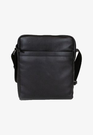 Black crossbody bag with a smooth, faux leather exterior, rectangular shape, adjustable strap, and front zippered pocket.
