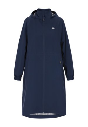 Marineblauwe waterdichte regenjas met een ritssluiting aan de voorkant, elastische manchetten en een capuchon met trekkoord. Heeft een klein wit paraplu-logo op de borst.