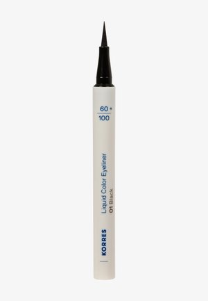 Valkoinen nestemäinen eyeliner-kynä, jossa on ohut musta kärki, merkitty "KORRES Nestemäinen Värieyeliner 01 Musta" ja "60+100" sinisellä tekstillä.