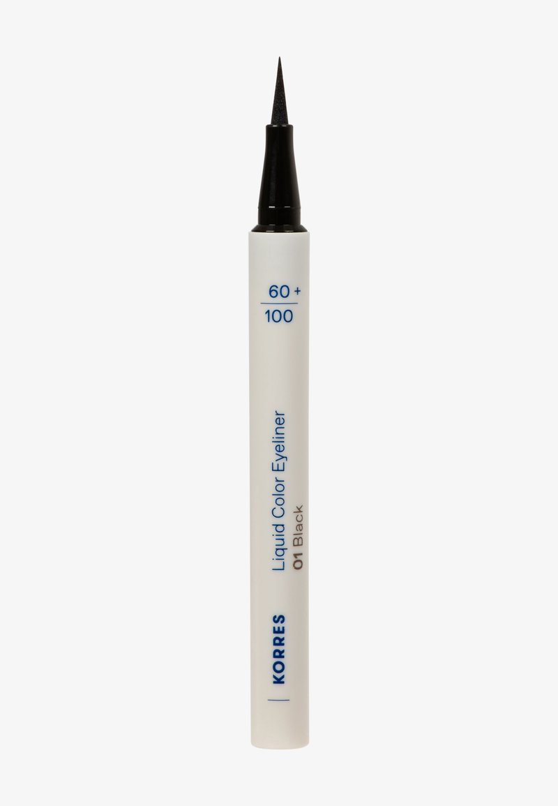 Penna per eyeliner liquido bianco con punta nera fine, etichettata "KORRES Liquid Color Eyeliner 01 Black" e "60+100" in testo blu.