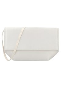 Witte stoffen clutch met een vouw-over ontwerp, met een soepel textuur en een dunne, verwijderbare schouderband.