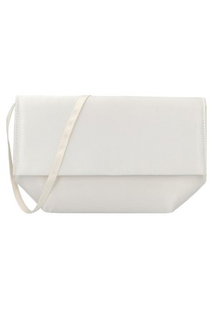 White fabric clutch bag with a fold-over design, featuring a smooth texture and a thin, removable shoulder strap.