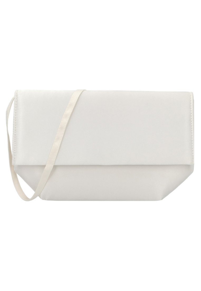 Witte stoffen clutch met een vouw-over ontwerp, met een soepel textuur en een dunne, verwijderbare schouderband.