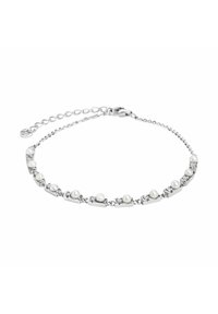 Srebrna bransoletka z naprzemiennymi sekcjami małych białych pereł i prostokątnych metalowych akcentów, z ogniwem łańcuszka dla regulowanego dopasowania.