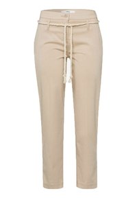 Pantalons en coton beige avec une coupe décontractée, dotés d'un cordon de serrage en corde tressée à la taille et d'une conception à jambe droite. Détails de couture simples.