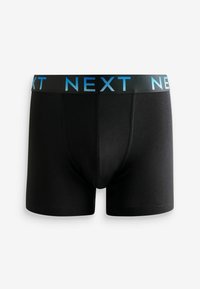 Boxeri negri dintr-un material neted. Au un tiv imprimat albastru cu branding "NEXT" și un croi clasic pentru confort.