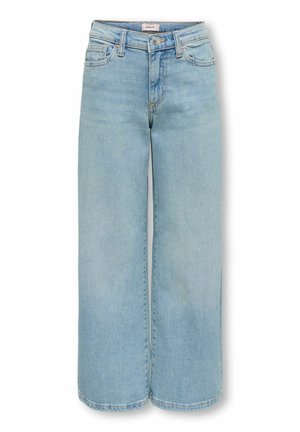 Svetlomodré rifle s vysokým pásom a širokými nohavicami, predným zapínaním na gombík a zips, pútkami na opasok a prednými a zadnými vreckami.