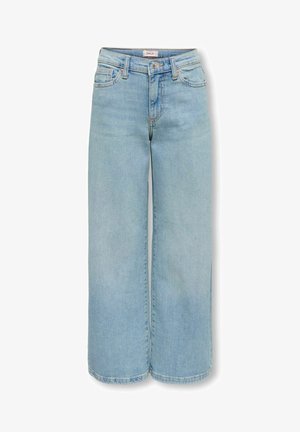 Világoskék magasderekú, bőszárú farmer elülső gombsorral és cipzárral, övbujtatókkal, valamint elülső és hátsó zsebekkel.