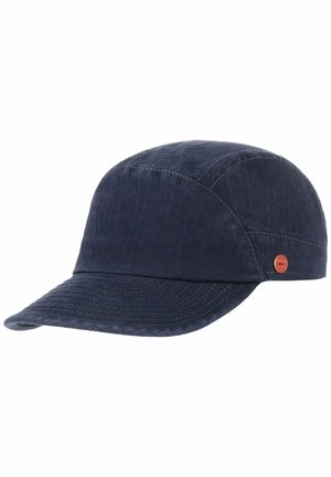 Dark blue corduroy cap with curved brim and visible stitching, featuring a small round red logo badge on the side.