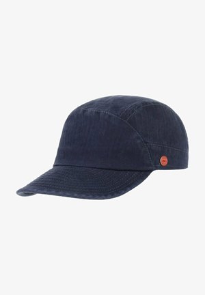 Dark blue corduroy cap with curved brim and visible stitching, featuring a small round red logo badge on the side.