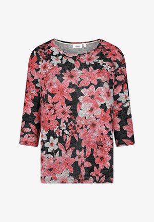 Bluse mit floralem Muster und Dreiviertelärmeln, verziert mit rosa und weißen Blumen auf einem schwarzen strukturierten Hintergrund. Mit Rundhalsausschnitt.