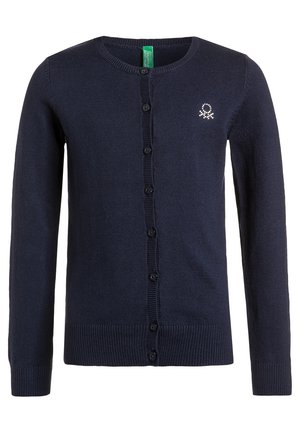 Navy blue button-up cardigan with long sleeves, ribbed cuffs and hem, and a small white embroidered logo on the left chest.