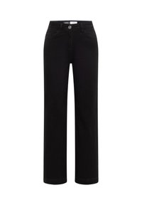 Pantalones de mezclilla negros con un diseño de pierna recta, que cuentan con un cierre de botón frontal y dos bolsillos delanteros. Textura suave, ropa casual.