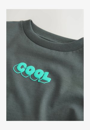 Hanorac gri închis cu guler rotund cu rețea, având inscripția îndrăzneață „COOL” turcoaz în efect 3D pe față. Textură moale a țesăturii.